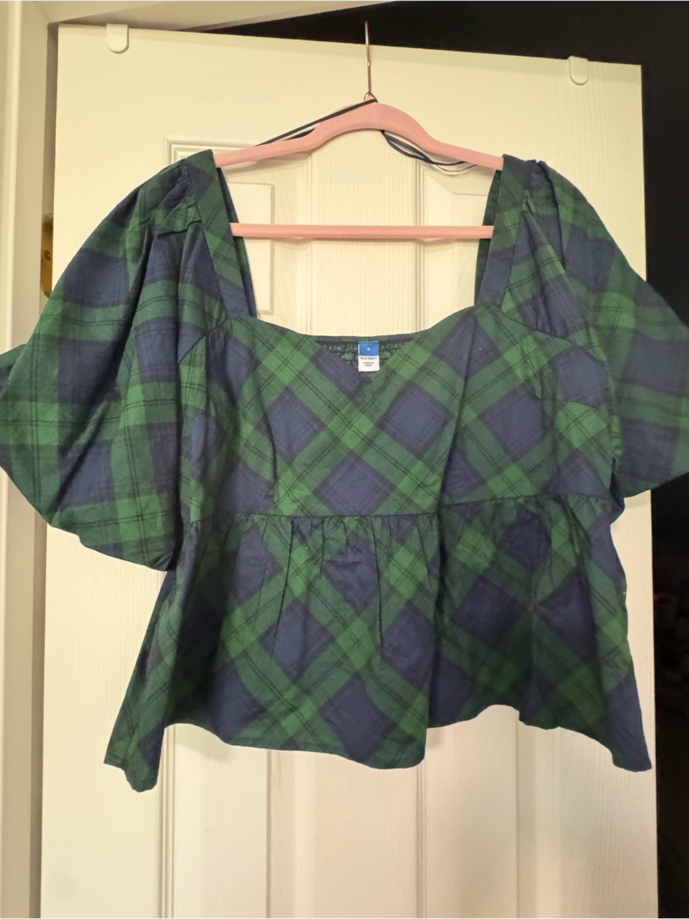 Old Navy Green and Blue Plaid Peplum Puff-Sleeve Top